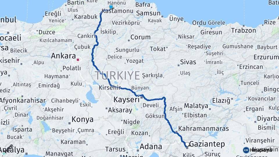 Kastamonu Taşköprü Gaziantep Arası Kaç Km - Yol Haritası