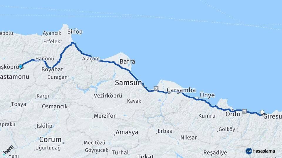 Kastamonu Taşköprü Giresun Arası Kaç Km - Yol Haritası
