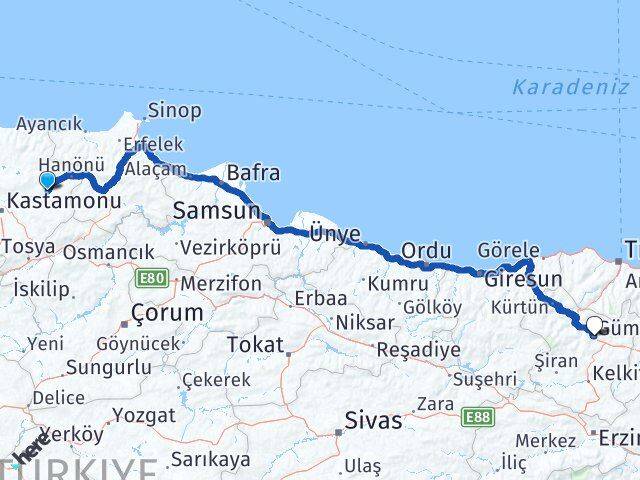 Kastamonu Taşköprü Gümüşhane Arası Kaç Km - Yol Haritası