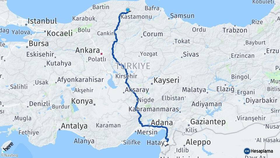 Kastamonu Taşköprü Hatay Arası Kaç Km - Yol Haritası