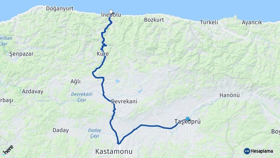 Kastamonu Taşköprü İnebolu Arası Kaç Km - Yol Haritası