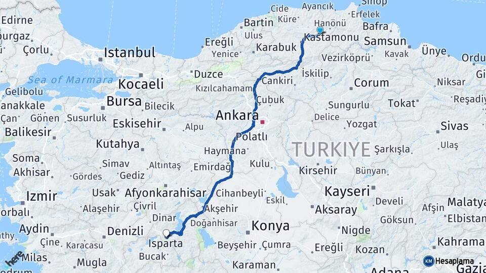 Kastamonu Taşköprü Isparta Arası Kaç Km - Yol Haritası