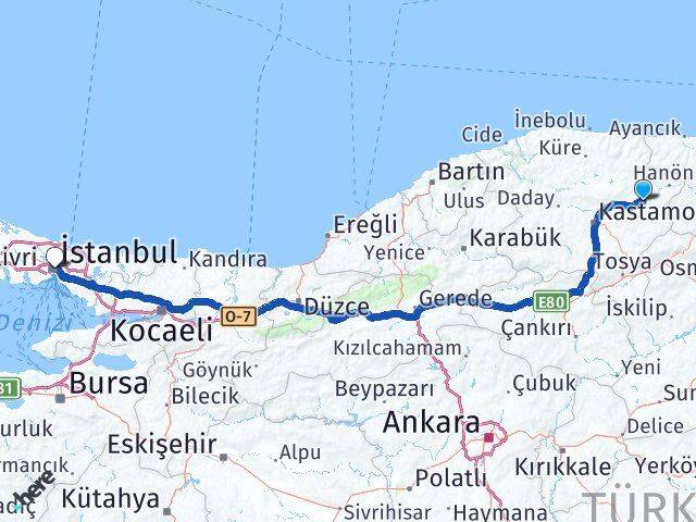 Kastamonu Taşköprü İstanbul Arası Kaç Km - Yol Haritası