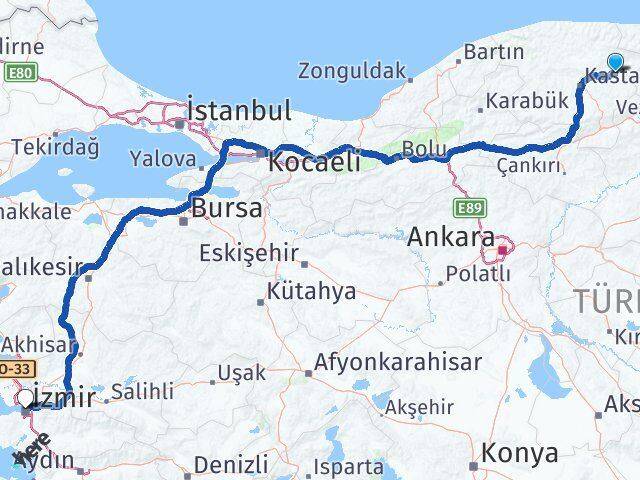 Kastamonu Taşköprü İzmir Arası Kaç Km - Yol Haritası