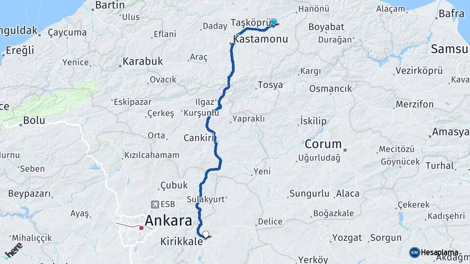 Kastamonu Taşköprü Kırıkkale Arası Kaç Km - Yol Haritası