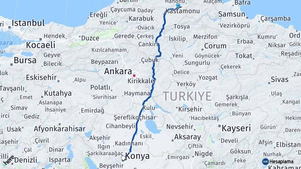 Kastamonu Taşköprü Konya Arası Kaç Km - Yol Haritası