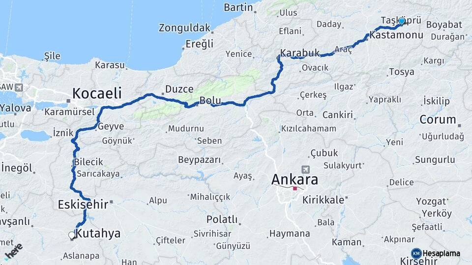 Kastamonu Taşköprü Kütahya Arası Kaç Km - Yol Haritası