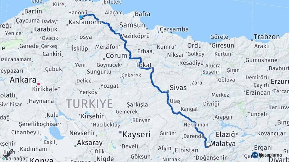 Kastamonu Taşköprü Malatya Arası Kaç Km - Yol Haritası