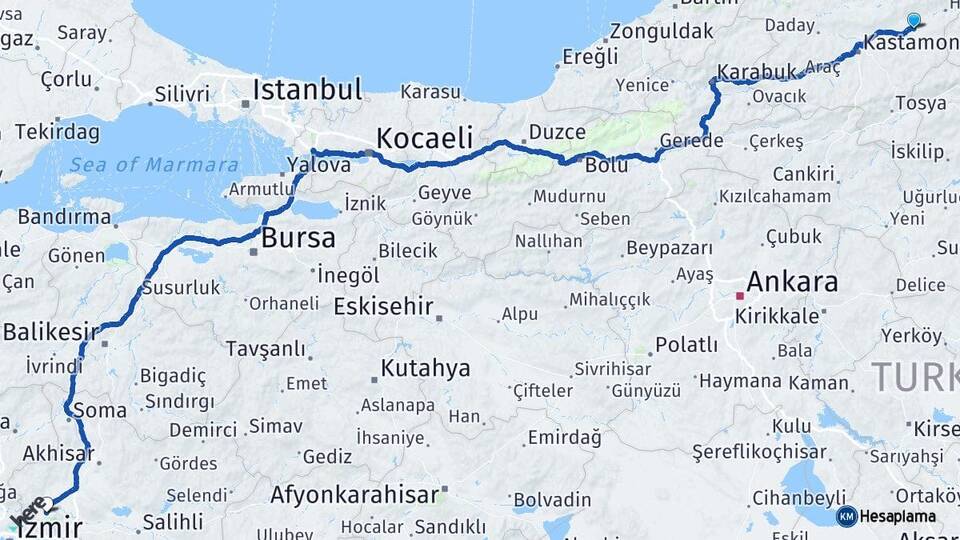Kastamonu Taşköprü Manisa Arası Kaç Km - Yol Haritası
