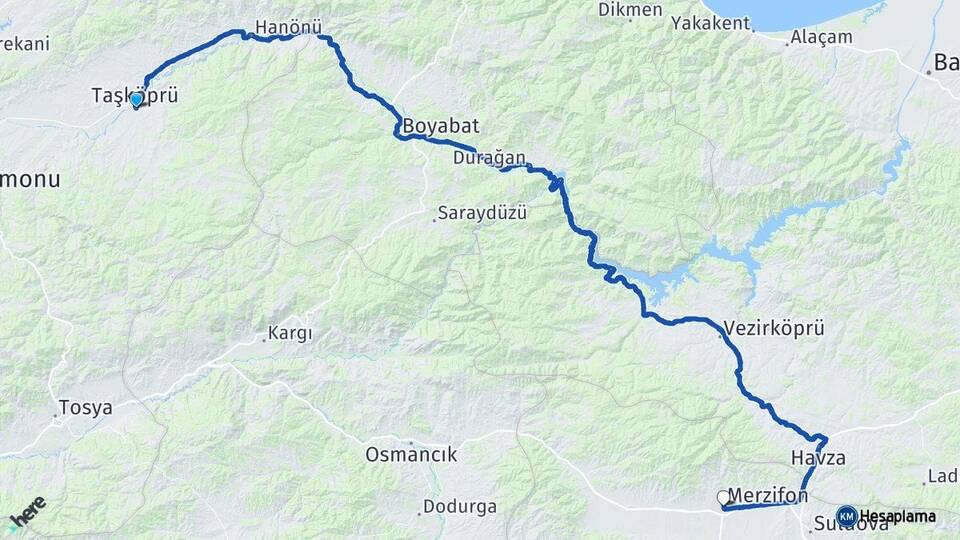 Kastamonu Taşköprü Merzifon Amasya Arası Kaç Km - Yol Haritası