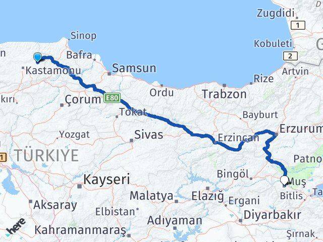 Kastamonu Taşköprü Muş Arası Kaç Km - Yol Haritası