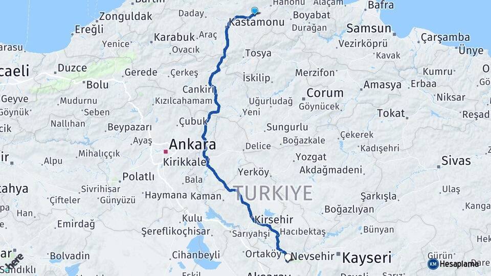 Kastamonu Taşköprü Nevşehir Arası Kaç Km - Yol Haritası