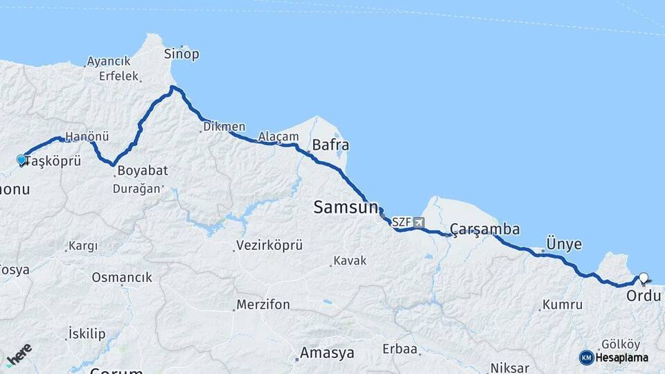 Kastamonu Taşköprü Ordu Arası Kaç Km - Yol Haritası