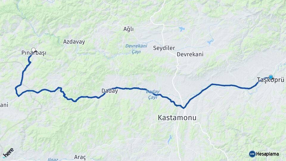Kastamonu Taşköprü Pınarbaşı Arası Kaç Km - Yol Haritası