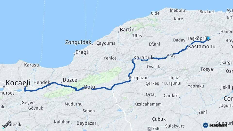 Kastamonu Taşköprü Sakarya Arası Kaç Km - Yol Haritası