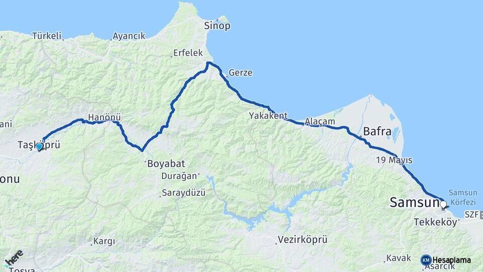 Kastamonu Taşköprü Samsun Arası Kaç Km - Yol Haritası