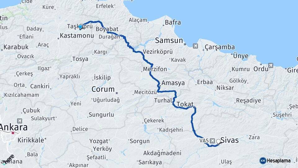 Kastamonu Taşköprü Sivas Arası Kaç Km - Yol Haritası