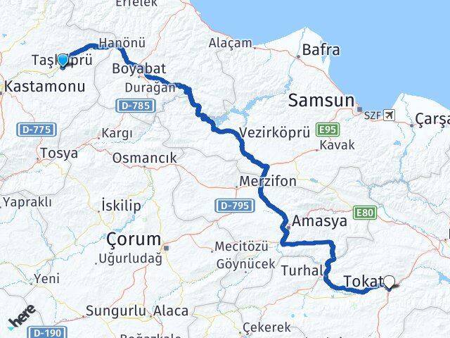 Kastamonu Taşköprü Tokat Arası Kaç Km - Yol Haritası