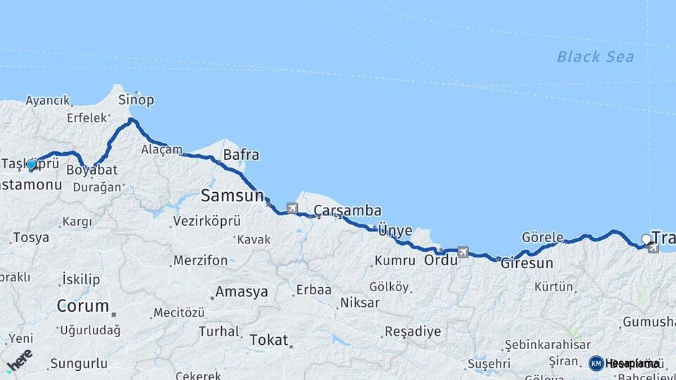 Kastamonu Taşköprü Trabzon Arası Kaç Km - Yol Haritası