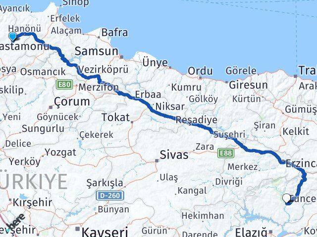Kastamonu Taşköprü Tunceli Arası Kaç Km - Yol Haritası