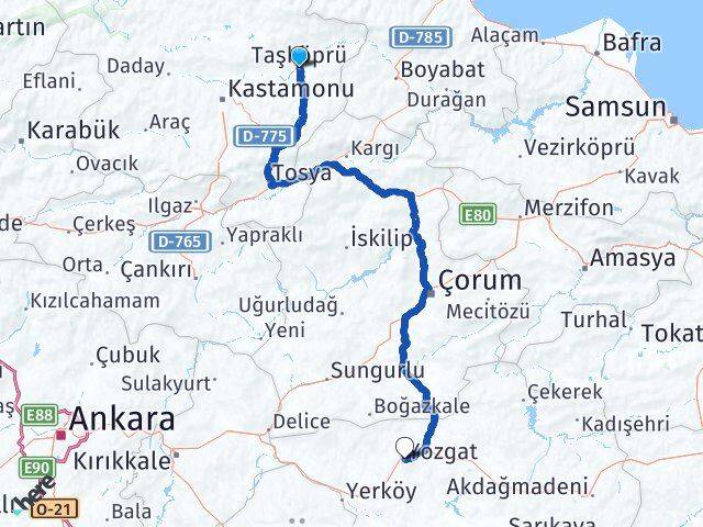 Kastamonu Taşköprü Yozgat Arası Kaç Km - Yol Haritası
