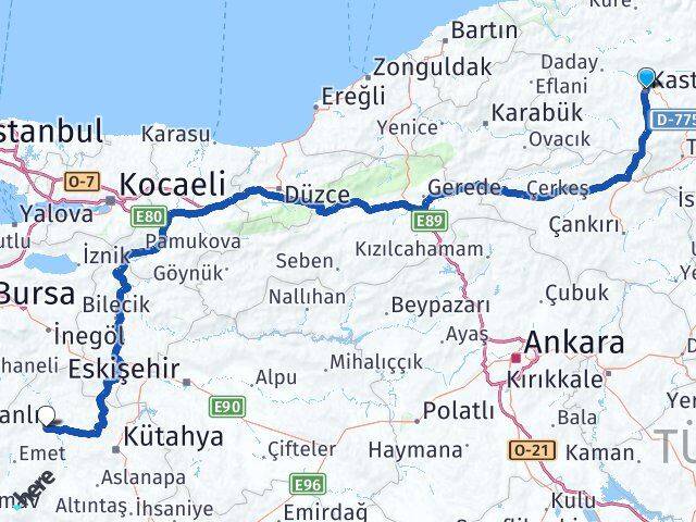 Kastamonu Tavşanlı Kütahya Arası Kaç Km - Yol Haritası