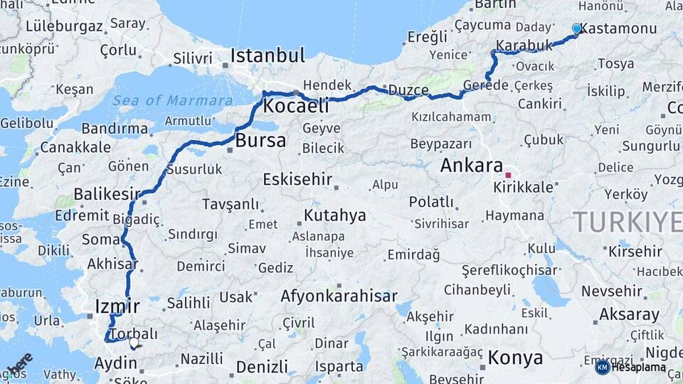 Kastamonu Tire İzmir Arası Kaç Km - Yol Haritası