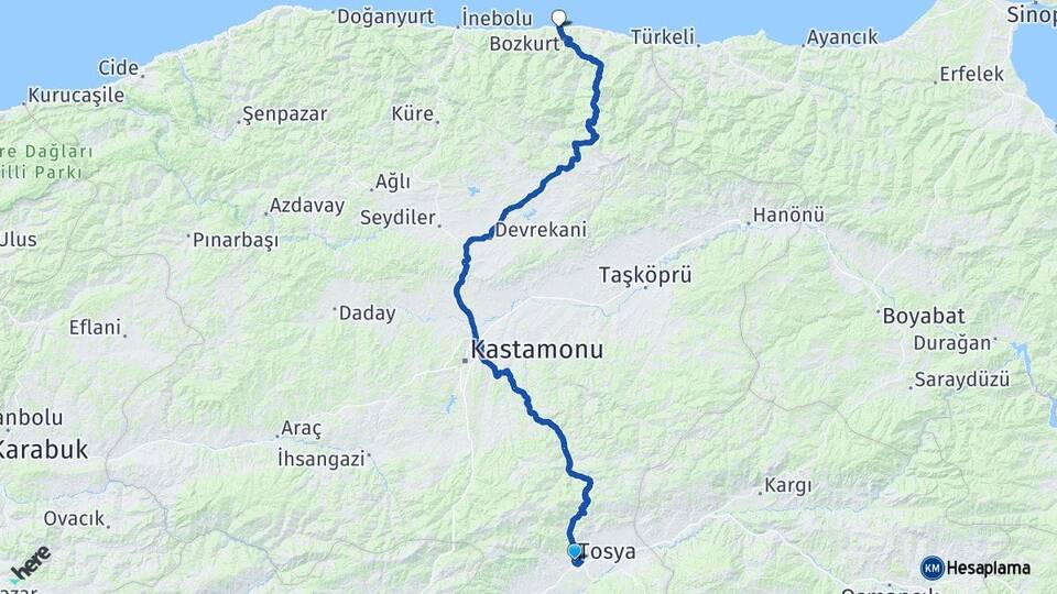 Kastamonu Tosya Abana Arası Kaç Km - Yol Haritası