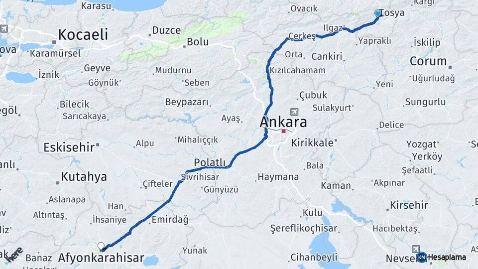 Kastamonu Tosya Afyonkarahisar Arası Kaç Km - Yol Haritası