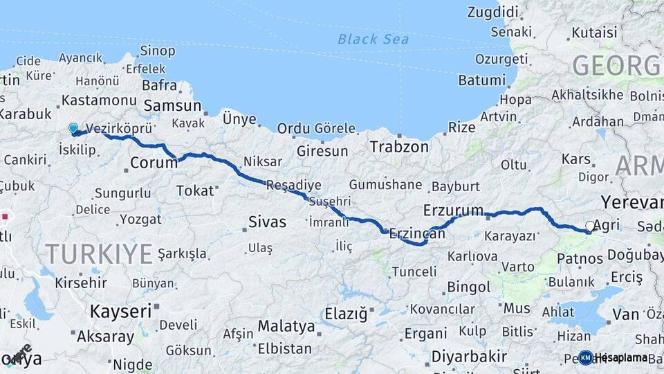 Kastamonu Tosya Ağrı Arası Kaç Km - Yol Haritası