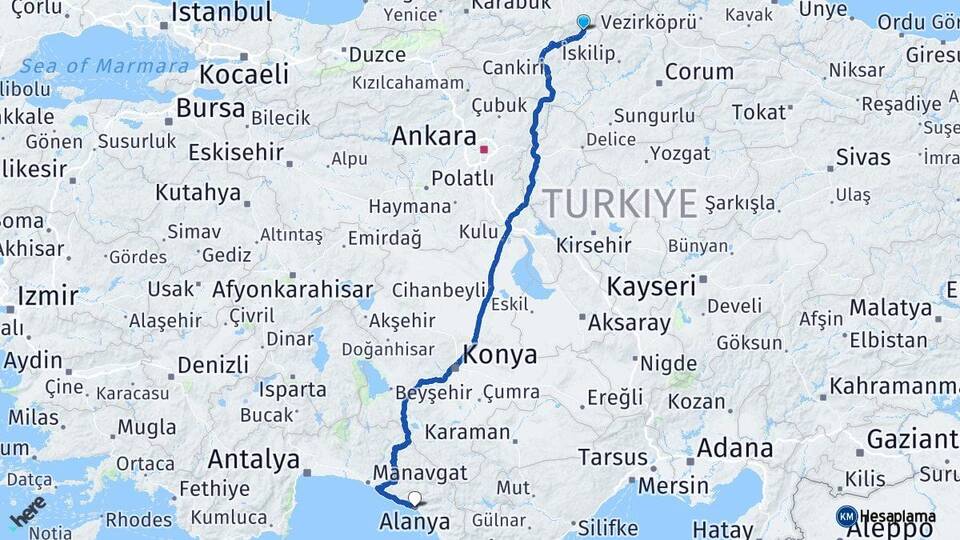 Kastamonu Tosya Alanya Antalya Arası Kaç Km - Yol Haritası