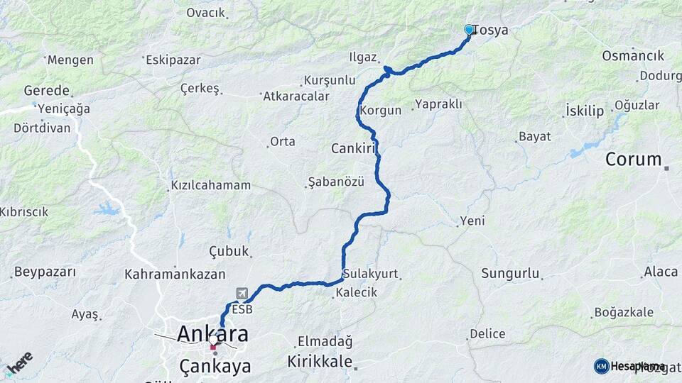 Kastamonu Tosya Ankara Arası Kaç Km - Yol Haritası