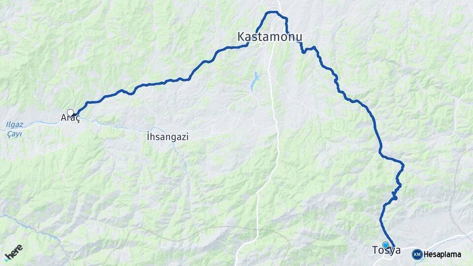 Kastamonu Tosya Araç Arası Kaç Km - Yol Haritası