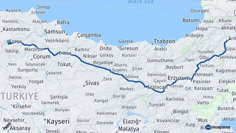 Kastamonu Tosya Ardahan Arası Kaç Km - Yol Haritası
