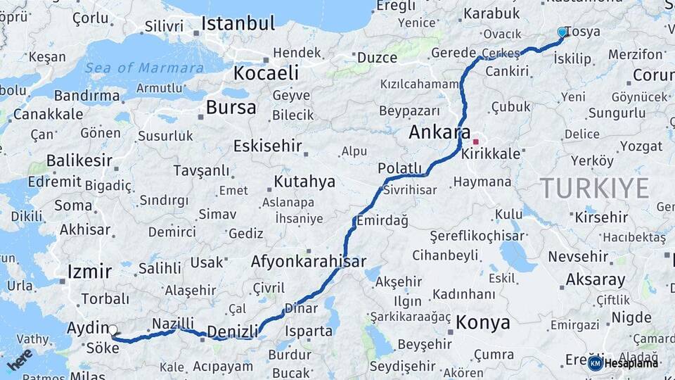 Kastamonu Tosya Aydın Arası Kaç Km - Yol Haritası