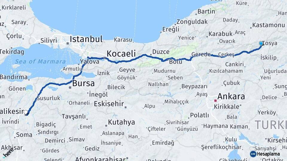 Kastamonu Tosya Balıkesir Arası Kaç Km - Yol Haritası