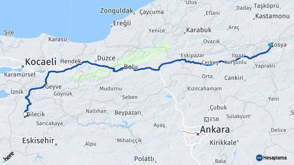 Kastamonu Tosya Bilecik Arası Kaç Km - Yol Haritası