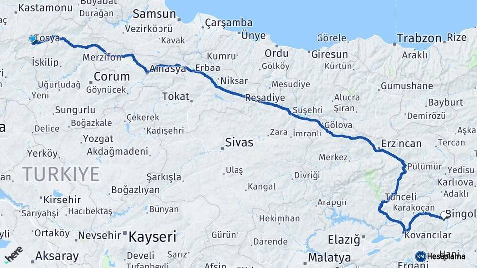 Kastamonu Tosya Bingöl Arası Kaç Km - Yol Haritası