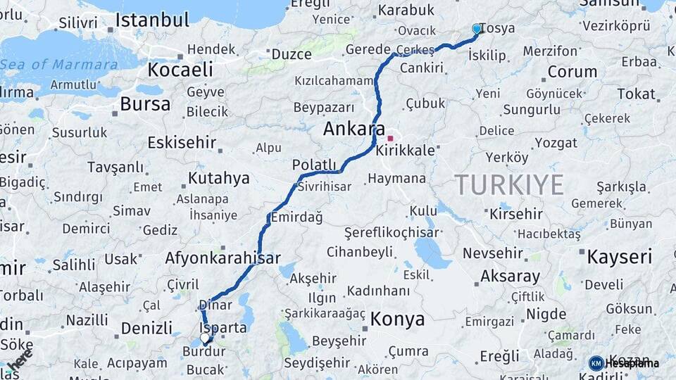 Kastamonu Tosya Burdur Arası Kaç Km - Yol Haritası