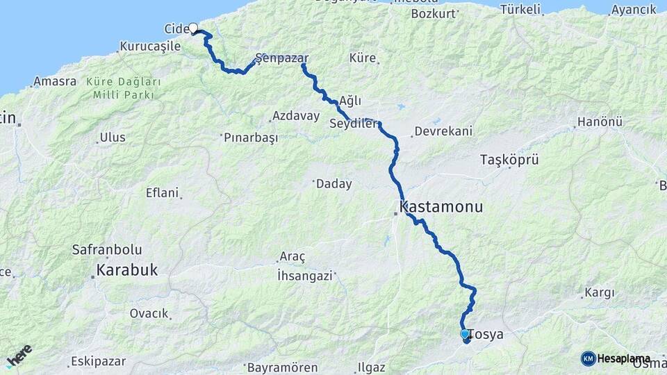 Kastamonu Tosya Cide Arası Kaç Km - Yol Haritası