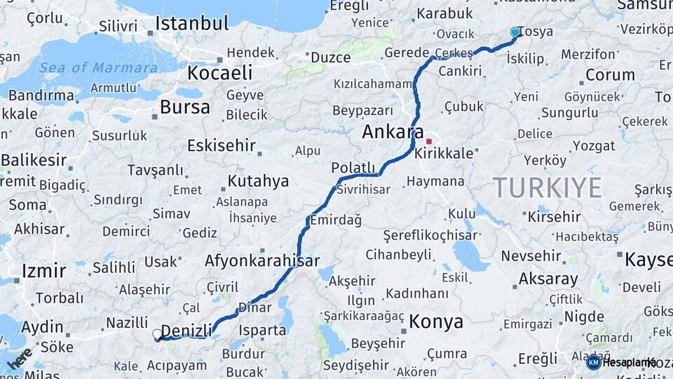 Kastamonu Tosya Denizli Arası Kaç Km - Yol Haritası