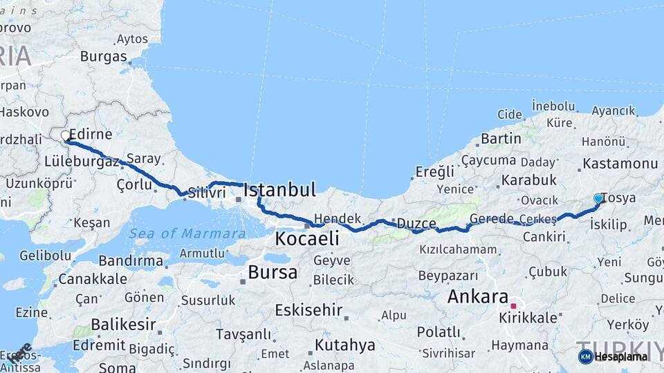 Kastamonu Tosya Edirne Arası Kaç Km - Yol Haritası
