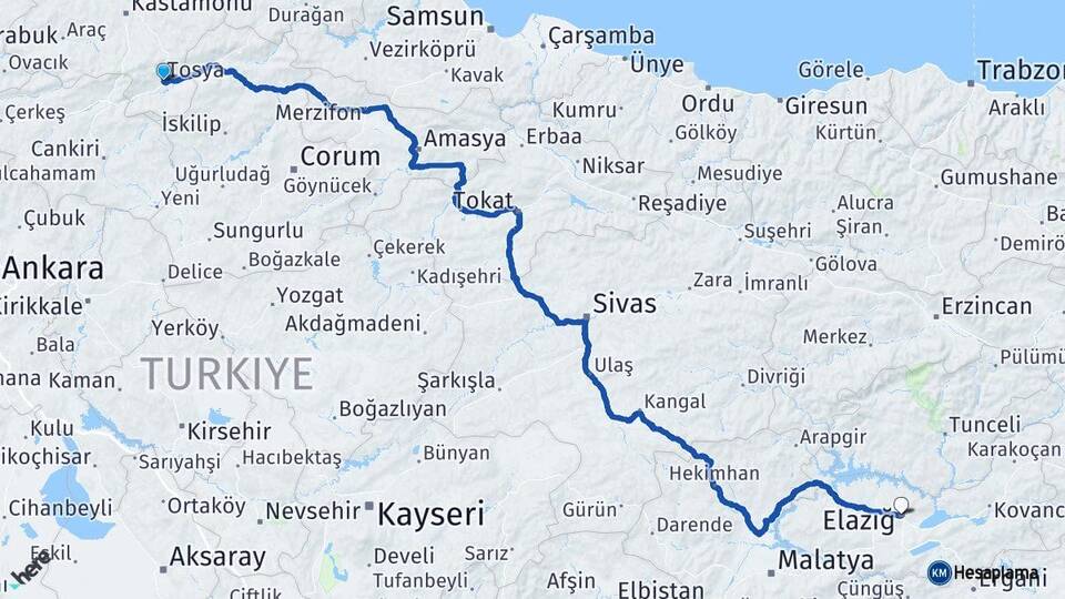 Kastamonu Tosya Elazığ Arası Kaç Km - Yol Haritası