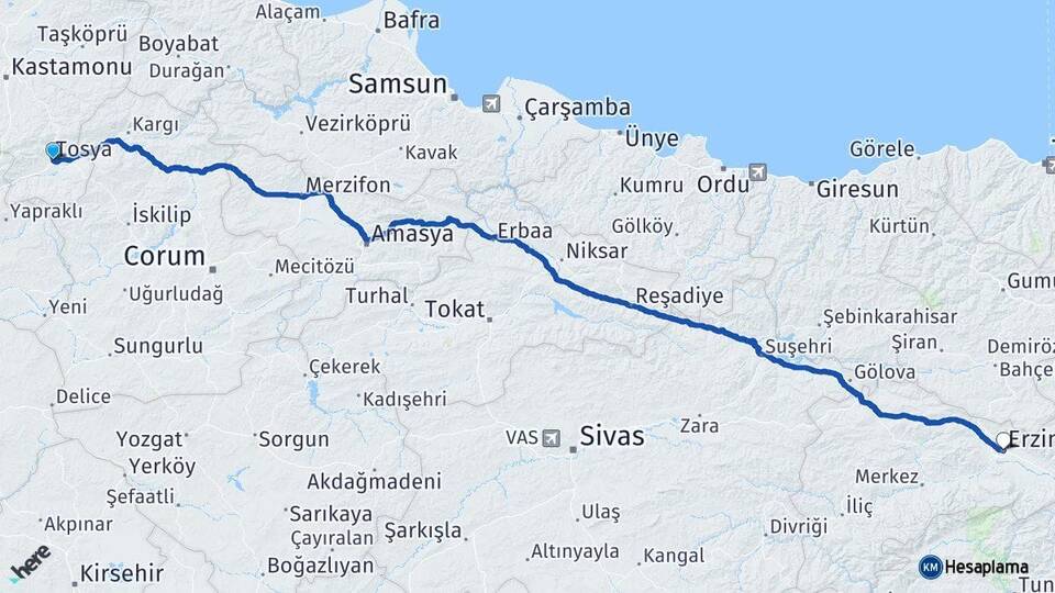 Kastamonu Tosya Erzincan Arası Kaç Km - Yol Haritası