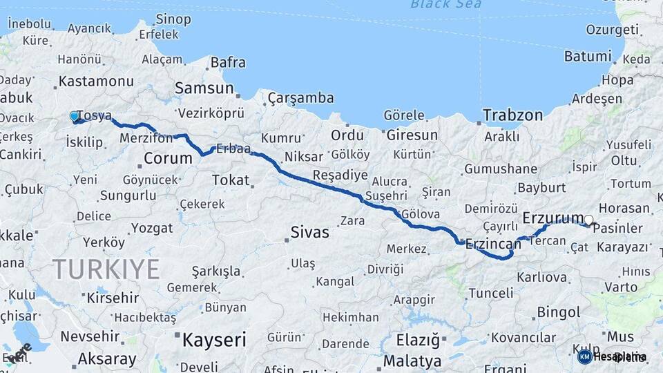 Kastamonu Tosya Erzurum Arası Kaç Km - Yol Haritası