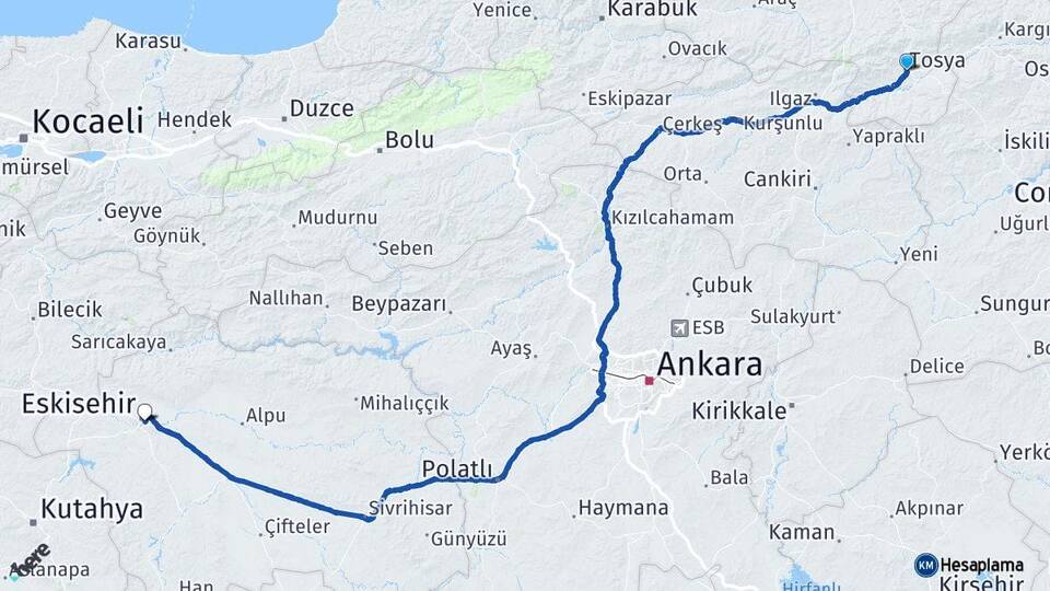 Kastamonu Tosya Eskişehir Arası Kaç Km - Yol Haritası