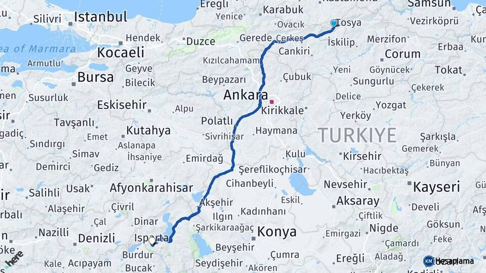 Kastamonu Tosya Isparta Arası Kaç Km - Yol Haritası