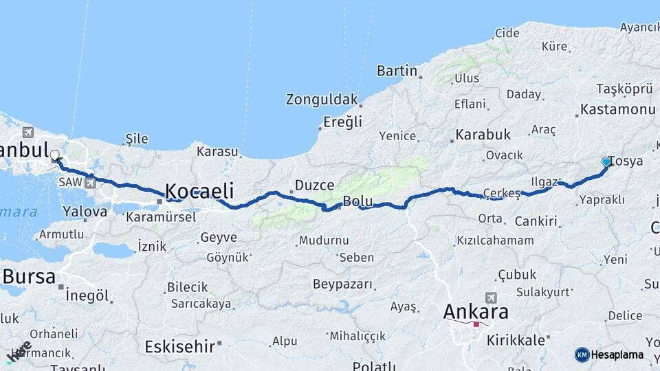 Kastamonu Tosya İstanbul Arası Kaç Km - Yol Haritası