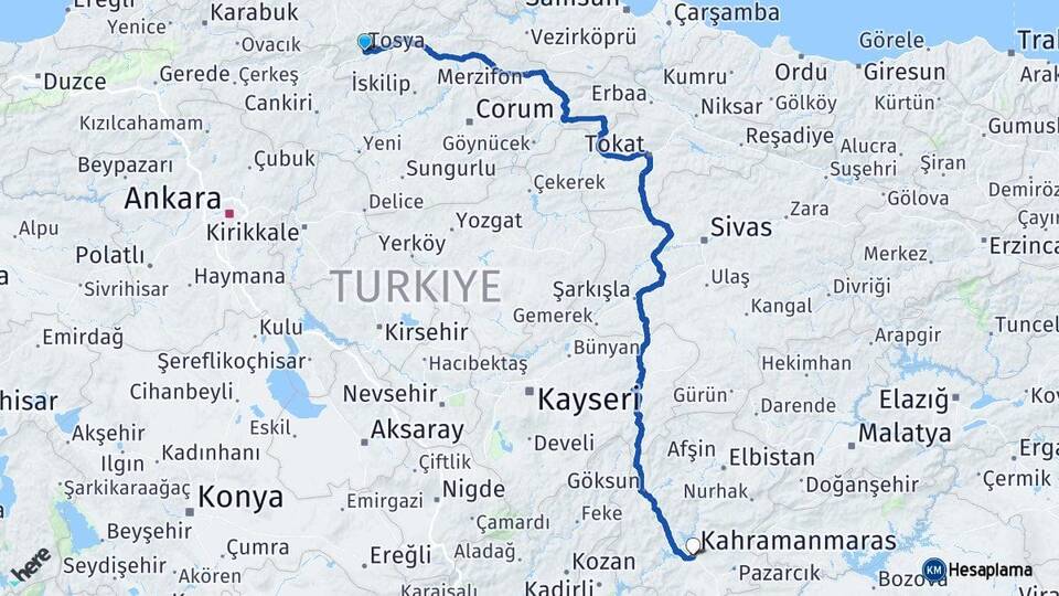 Kastamonu Tosya Kahramanmaraş Arası Kaç Km - Yol Haritası