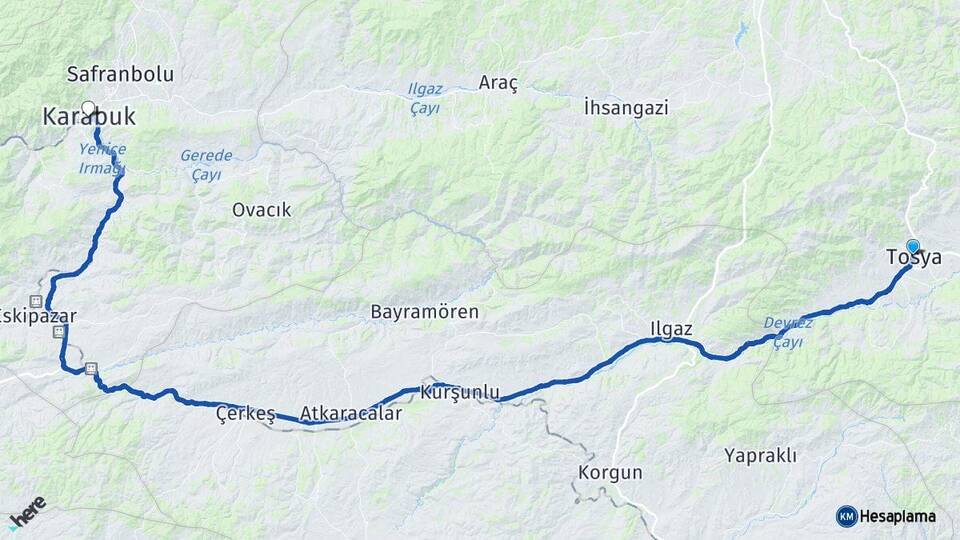 Kastamonu Tosya Karabük Arası Kaç Km - Yol Haritası